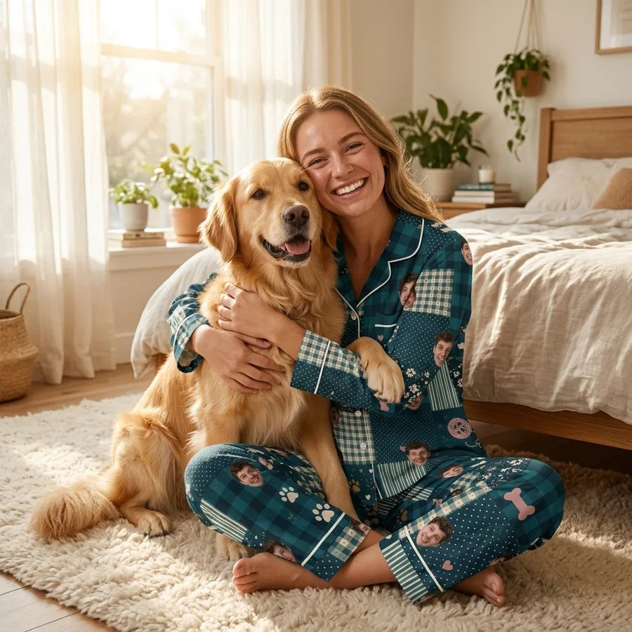 Woman hugging golden retriever wearing Playful Dark Teal Blue Patchwork Custom Long Pajama Set