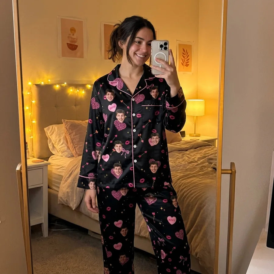 Young woman taking mirror selfie wearing Romantic Black Heart Medley Custom Long Pajama Set