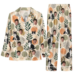 Boho Cream Beige Organic Shapes Custom Long Pajama Set for Cat Lovers