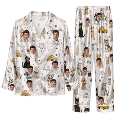 Chic White Sketch Scatter Custom Long Pajama Set for Pet Lovers