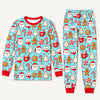 Front flat lay of the Cocoa Mugs & Cookies aqua Christmas pajama top and pants with red ribbed cuffs