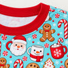 Close-up of the solid red ribbed crew neckband on the aqua cocoa mug and cookie print pajama top