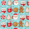 Close-up of the soft printed knit fabric showing Santa and snowman mugs, cookies and candy canes