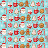Flat lay of the pattern motifs: cocoa mugs with marshmallows, gingerbread cookie, peppermints and snowflakes
