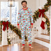 Man in the snug aqua cocoa mug and cookie Christmas pajama set with red ribbed crew neck