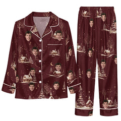 Cozy Deep Burgundy Cottage Silhouettes Custom Long Pajama Set