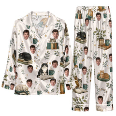 Cozy Ivory White Still Life Custom Long Pajama Set for Cat Lovers