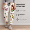 Care instructions for the personalized wine pants: machine washable, tumble dry low, sublimation print that will not crack or fade