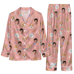 Cute Peach Pink Floral Faces Custom Long Pajama Set for Pet Lovers