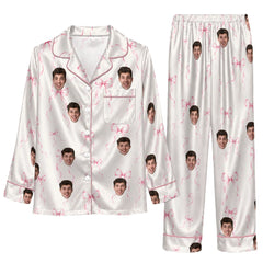 Cute White Bow Motifs Custom Long Pajama Set