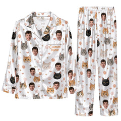 Cute White Face Medley Custom Long Pajama Set for Cat Lovers