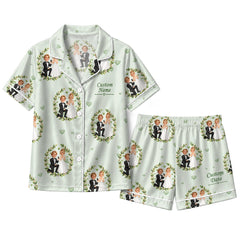 Elegant Sage Green Laurel Wreath Scatter Custom Short Pajama Set for Couples