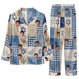 Festive Blue Beige Patchwork Symbols Custom Long Pajama Set