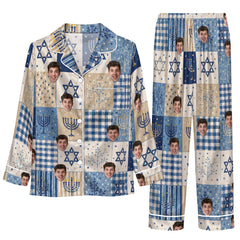 Festive Blue Beige Patchwork Symbols Custom Long Pajama Set