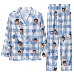 Festive Blue White Symbol Grid Custom Long Pajama Set