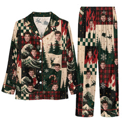 Festive Dark Forest Green Contrast Patchwork Custom Long Pajama Set