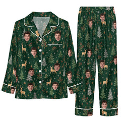 Festive Dark Green Tree Motifs Custom Long Pajama Set