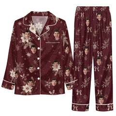 Festive Deep Burgundy Floral Starburst Custom Long Pajama Set