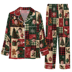 Festive Red And Forest Green Patchwork Tiles Custom Long Pajama Set
