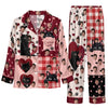 Playful Burgundy Patchwork Panels Custom Long Pajama Set for Cat Lovers