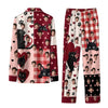 Playful Burgundy Patchwork Panels Custom Long Pajama Set for Cat Lovers