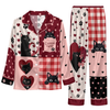 Playful Burgundy Patchwork Panels Custom Long Pajama Set for Cat Lovers