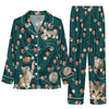 Playful Dark Teal Green Dotted Vignettes Custom Long Pajama Set for Cat Lovers