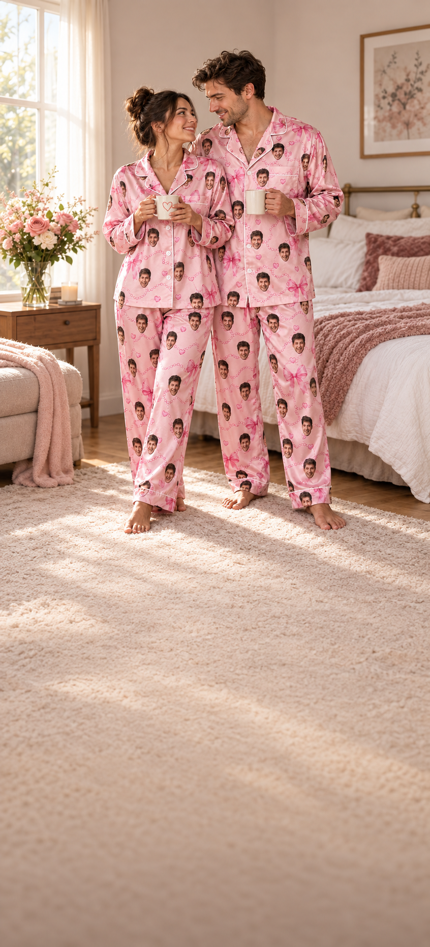 Couple wearing matching pink custom face pajamas