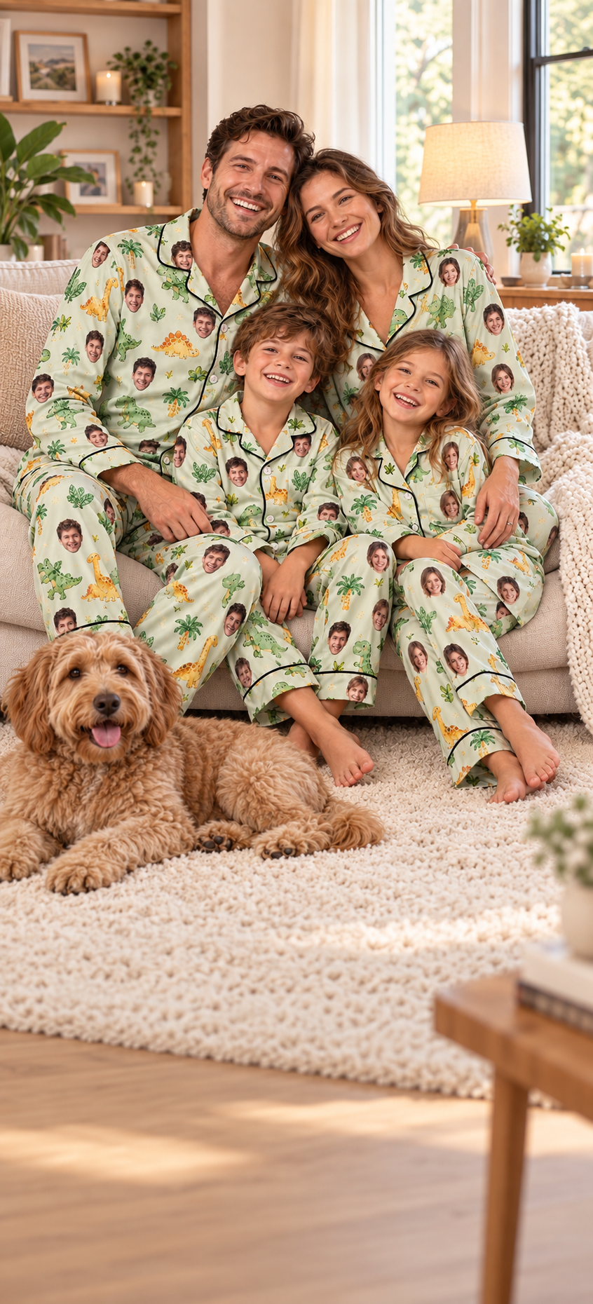 Family wearing coordinated green custom face pajamas