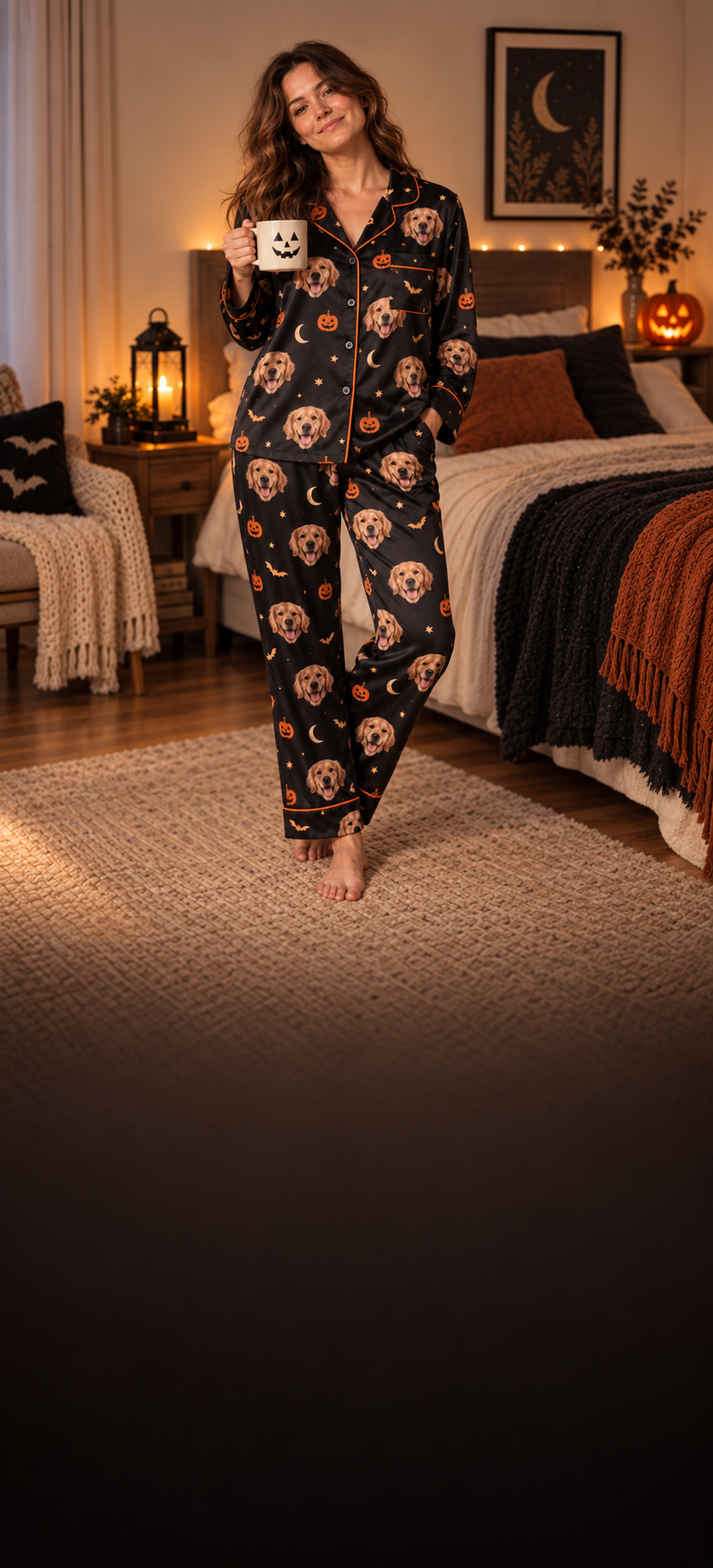 Woman wearing black custom Halloween pet pajamas