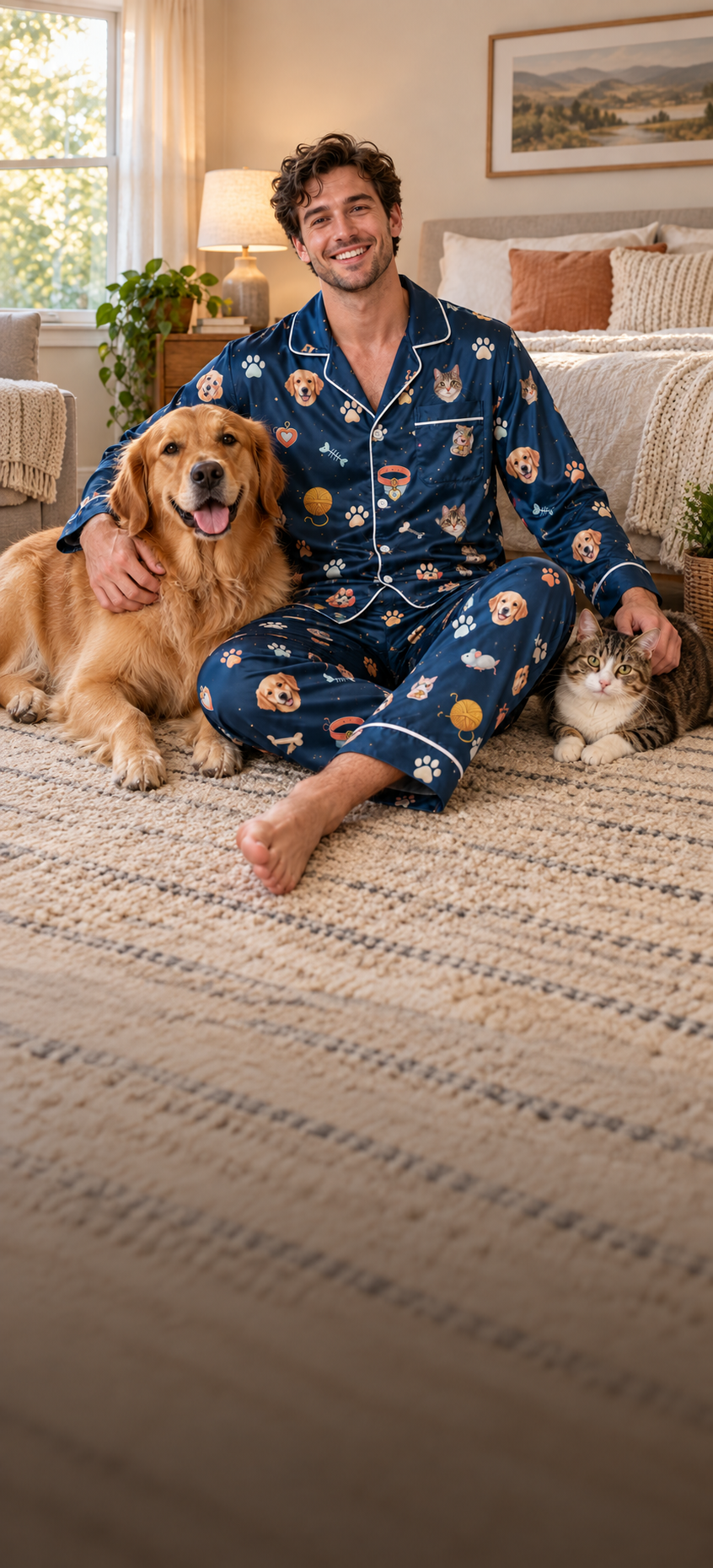 Man wearing navy custom pet pajamas with a dog and cat