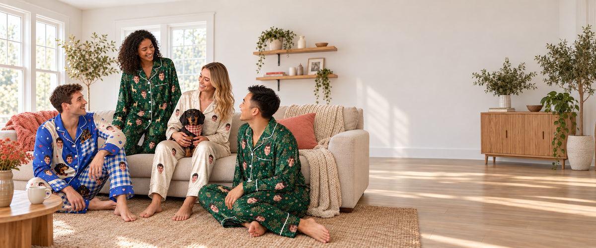 Four adults and a dachshund wearing personalized face pajamas in a bright living room