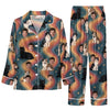 Retro Teal Wavy Stripes Custom Long Pajama Set for Cat Lovers