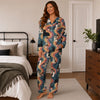 Retro Teal Wavy Stripes Custom Long Pajama Set for Cat Lovers