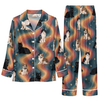 Retro Teal Wavy Stripes Custom Long Pajama Set for Cat Lovers
