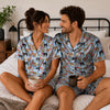 Cozy Blue Candy Cane Pet Faces Custom Short Pajama Set for Pet Lovers - worn by couple