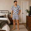 Cozy Blue Candy Cane Pet Faces Custom Short Pajama Set for Pet Lovers - worn by man