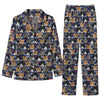 Cozy Navy Snowflake Cat Faces Custom Long Pajama Set for Cat Lovers - front view