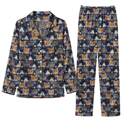 Cozy Navy Snowflake Cat Faces Custom Long Pajama Set for Cat Lovers