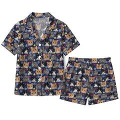 Cozy Navy Snowflake Cat Faces Custom Short Pajama Set for Cat Lovers