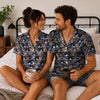 Cozy Navy Snowflake Cat Faces Custom Short Pajama Set for Cat Lovers - worn by couple