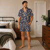 Cozy Navy Snowflake Cat Faces Custom Short Pajama Set for Cat Lovers - worn by man