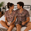 Festive Red Buffalo Plaid Cat Face Custom Short Pajama Set for Cat Lovers - worn by couple