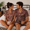 Festive Red Buffalo Plaid Dog Face Custom Short Pajama Set for Dog Lovers - worn by couple