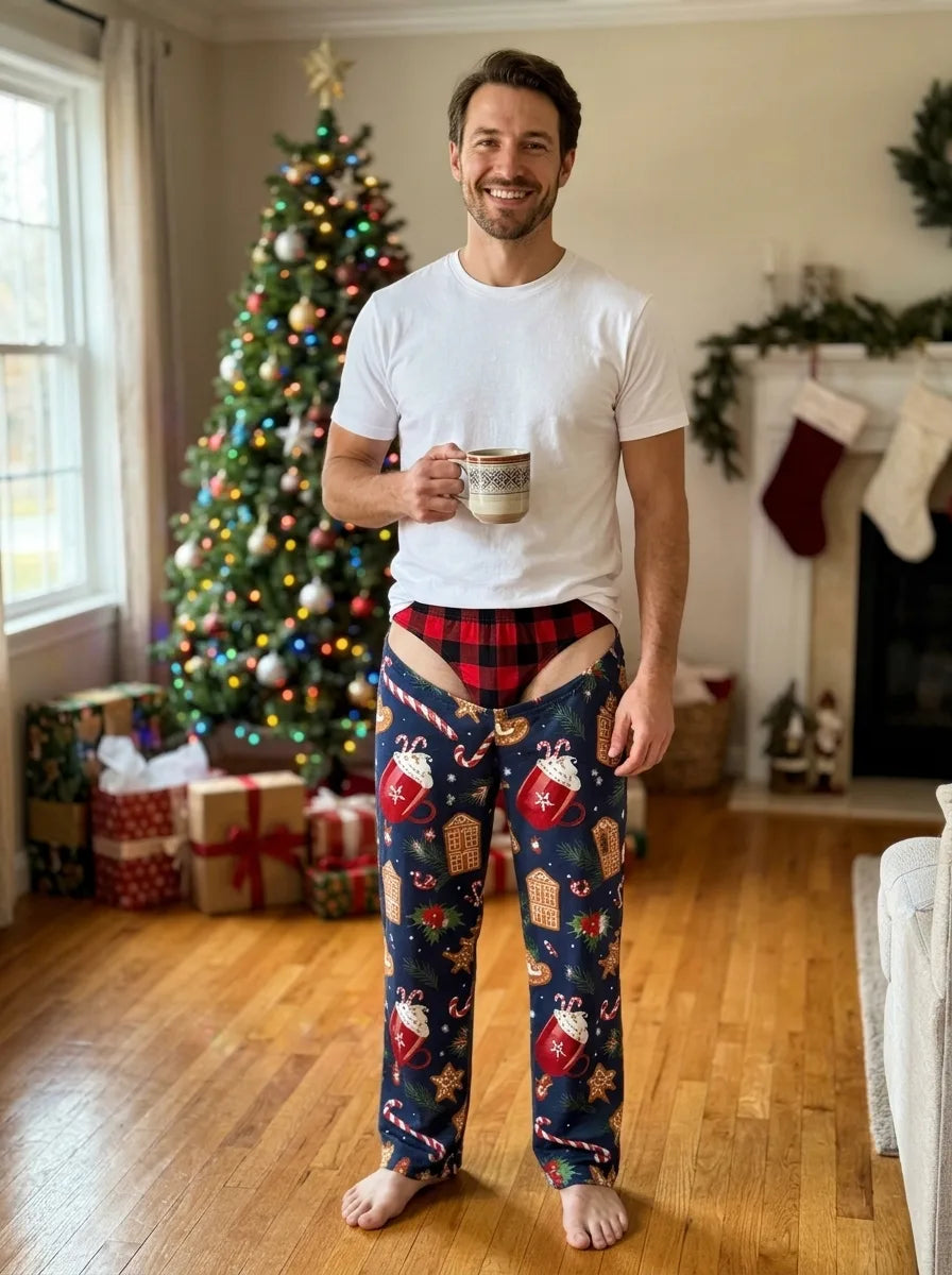 Husband in cozy living room wearing Personalized Funny Christmas Lounge Pants with hot cocoa and gingerbread print