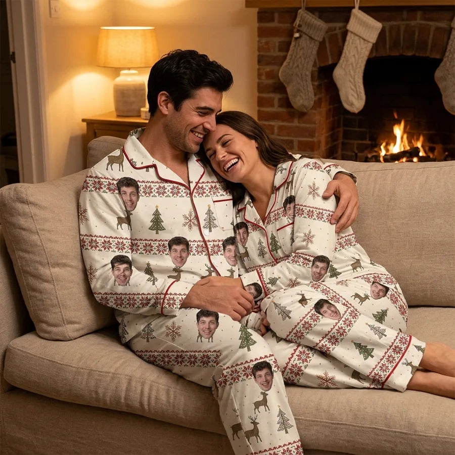Couple by the fireplace wearing matching Rustic Cream Nordic Bands Custom Long Pajama Sets