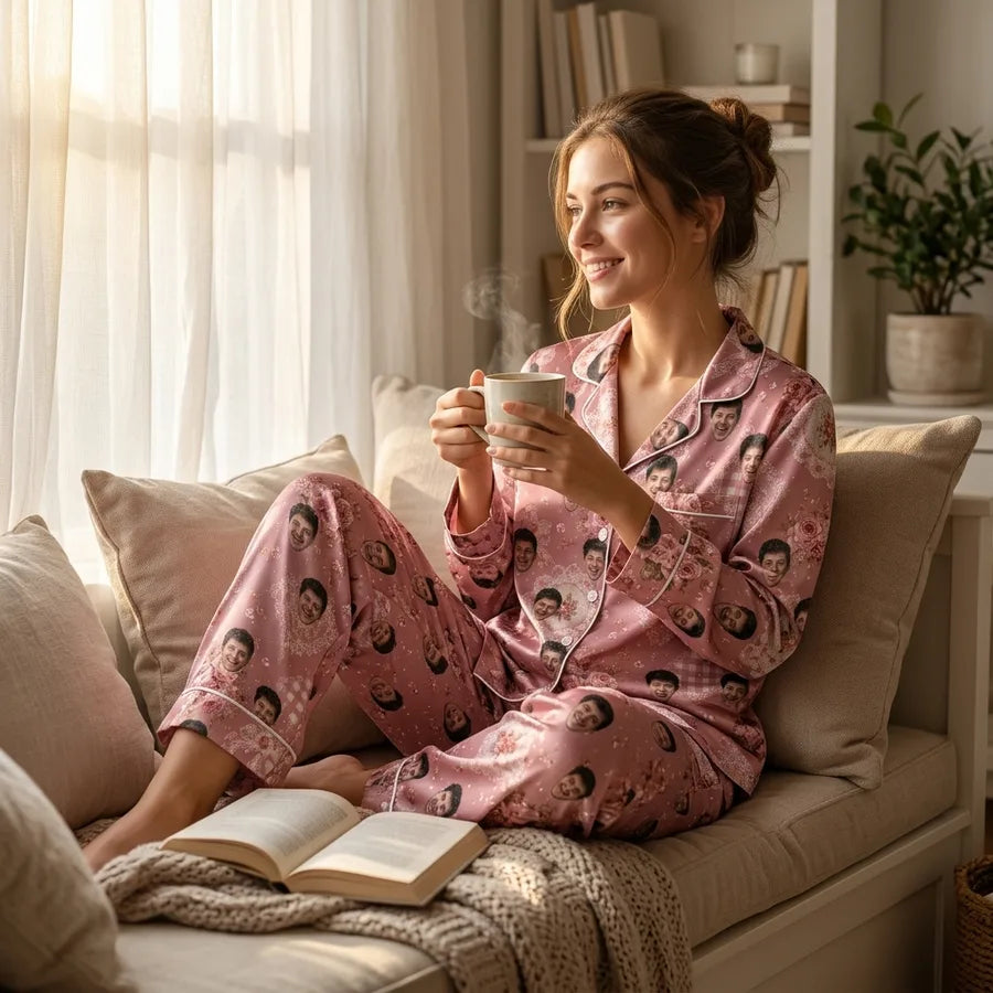 Woman reading by window seat wearing Romantic Dusty Rose Bouquet Scatter Custom Long Pajama Set
