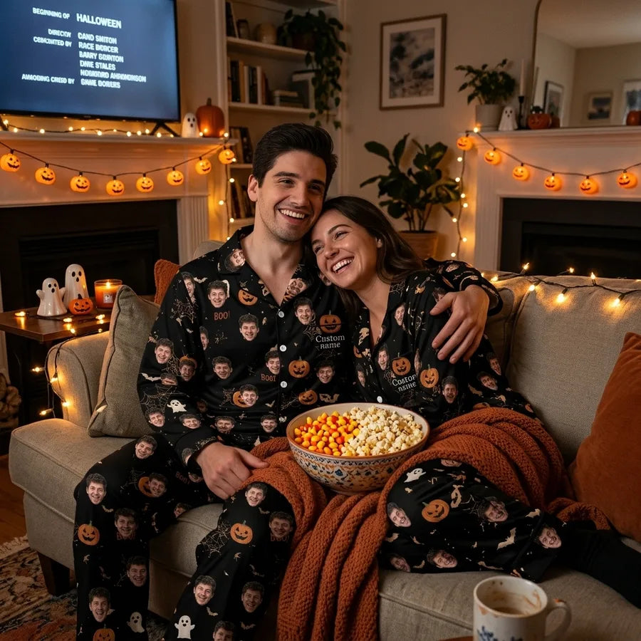 Couple on couch for Halloween movie night wearing Spooky Black Icon Toss Custom Long Pajama Set