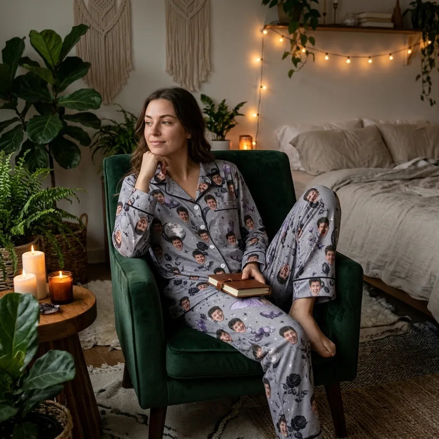 Woman lounging in armchair wearing Gothic Grey Motifs Custom Long Pajama Set